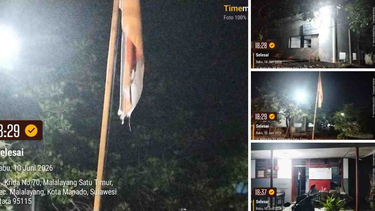 Bendera Negara kusam, robek, terpasang sampai malam hari di Kantor PAM Malalayang 